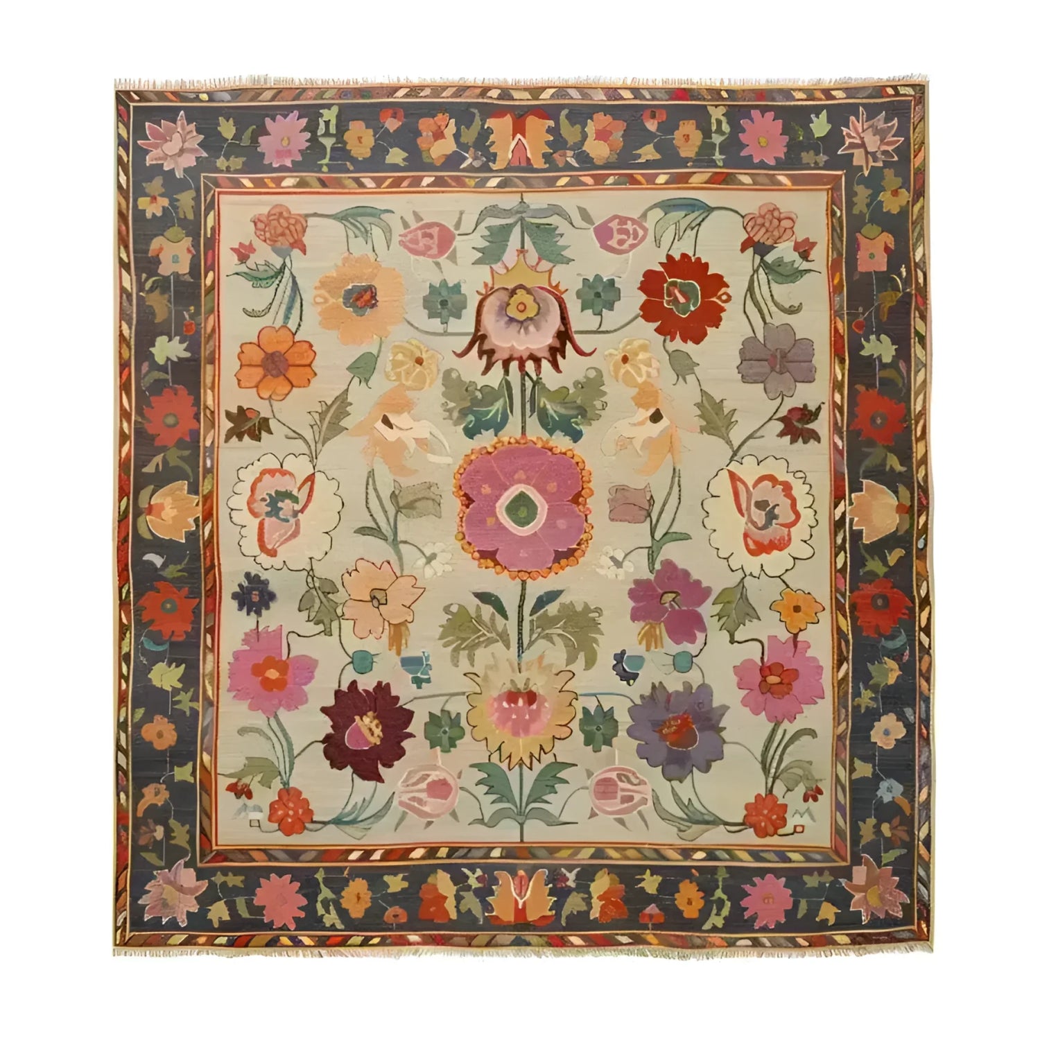 Vibrant and colorful hand-knotted area rug featuring a rich floral pattern with a variety of flowers in bold hues. The intricate design is bordered by a dark frame, enhancing the beauty of this elegant rug.