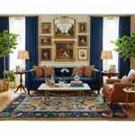 Living room with blue sofa, brown armchair, a floral traditional wool rug, and decorative elements.