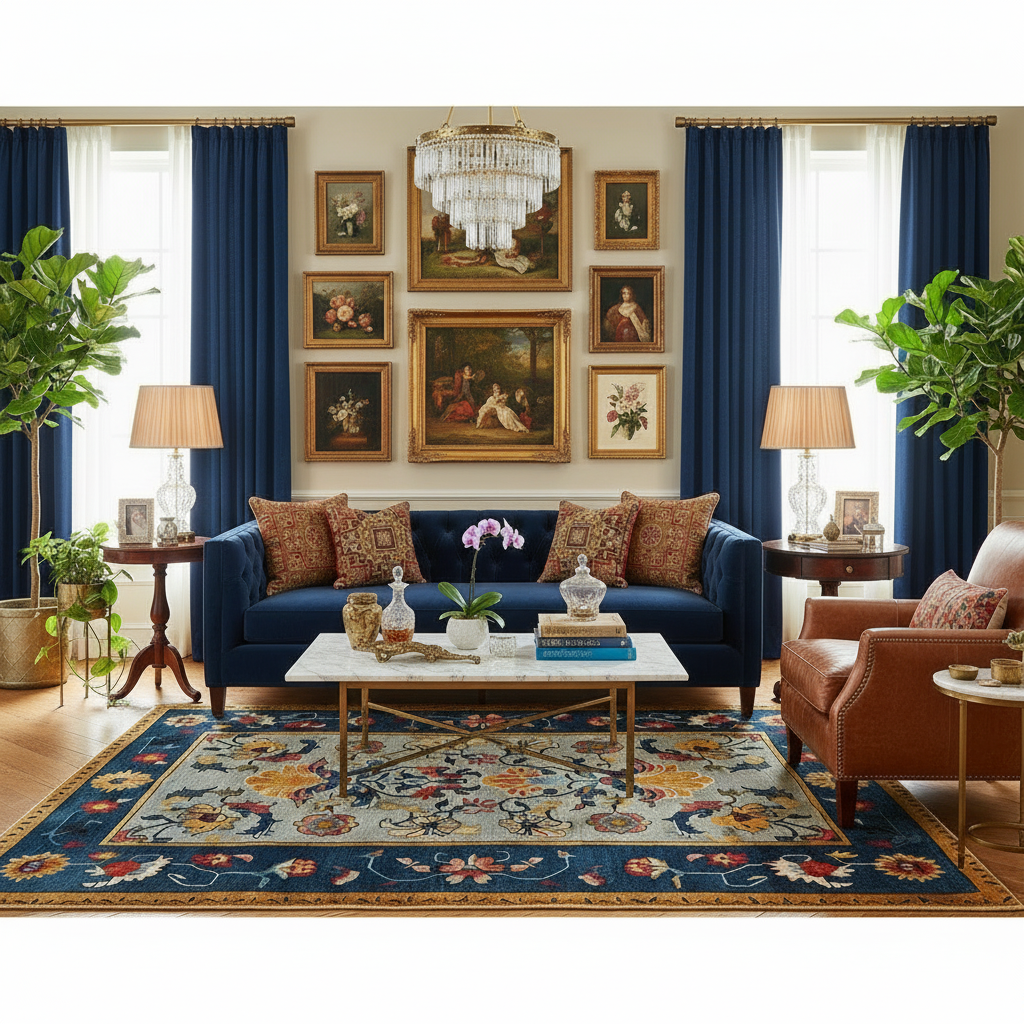 Living room with blue sofa, brown armchair, a floral traditional wool rug, and decorative elements.