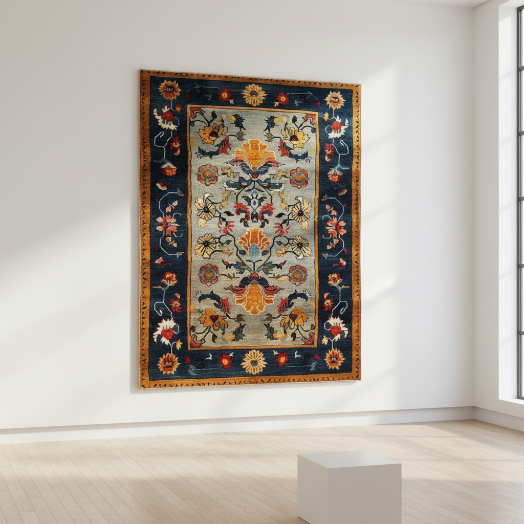 Decorative rug with floral patterns on a white wall
