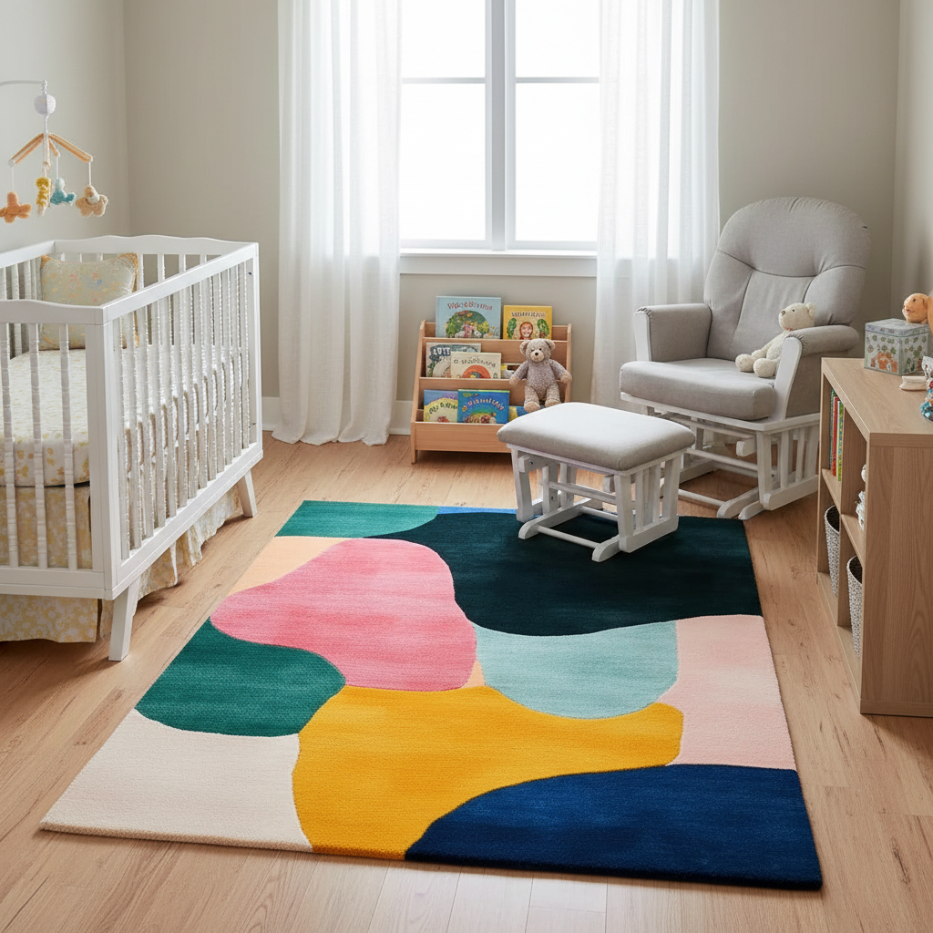 Nursery room with a colorful abstract rug, crib, and rocking chair.