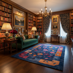 Luxurious living room with a green sofa, bookshelves, and a colorful rug.