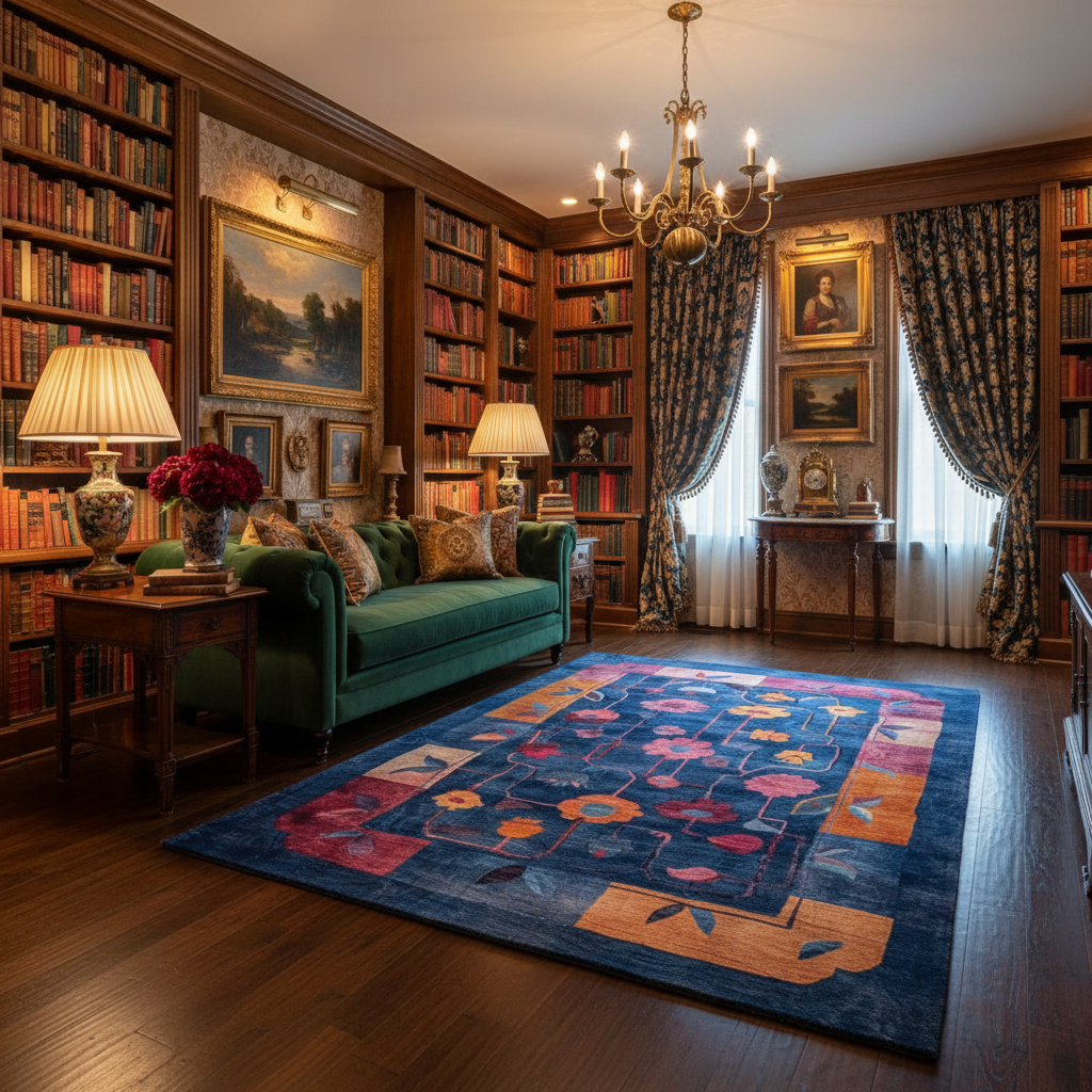 Luxurious living room with a green sofa, bookshelves, and a colorful rug.
