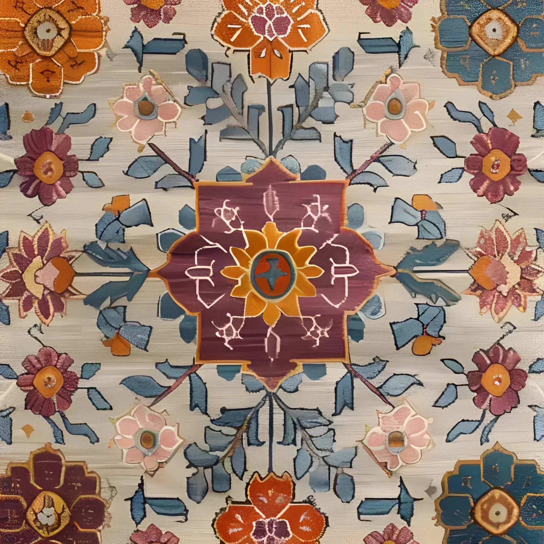 Close-up view of a colorful crest medallion hand-knotted area rug, showcasing intricate floral patterns in vibrant hues of orange, purple, blue, and pink. Ideal for living rooms and dining rooms, this Persian wool rug adds a touch of elegance and warmth to any dining room area.