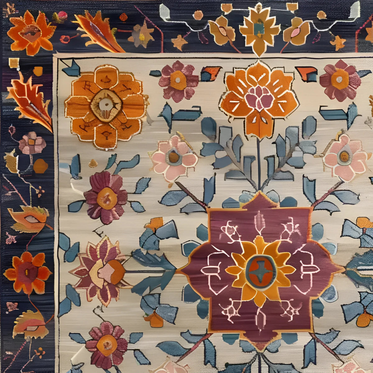 A vibrant Colorful Crest Medallion Hand Knotted Area Rug, perfect for enhancing living room and dining room spaces. This Persian-style wool rug features intricate floral patterns with rich colors, ideal for adding elegance to dining room area rugs.