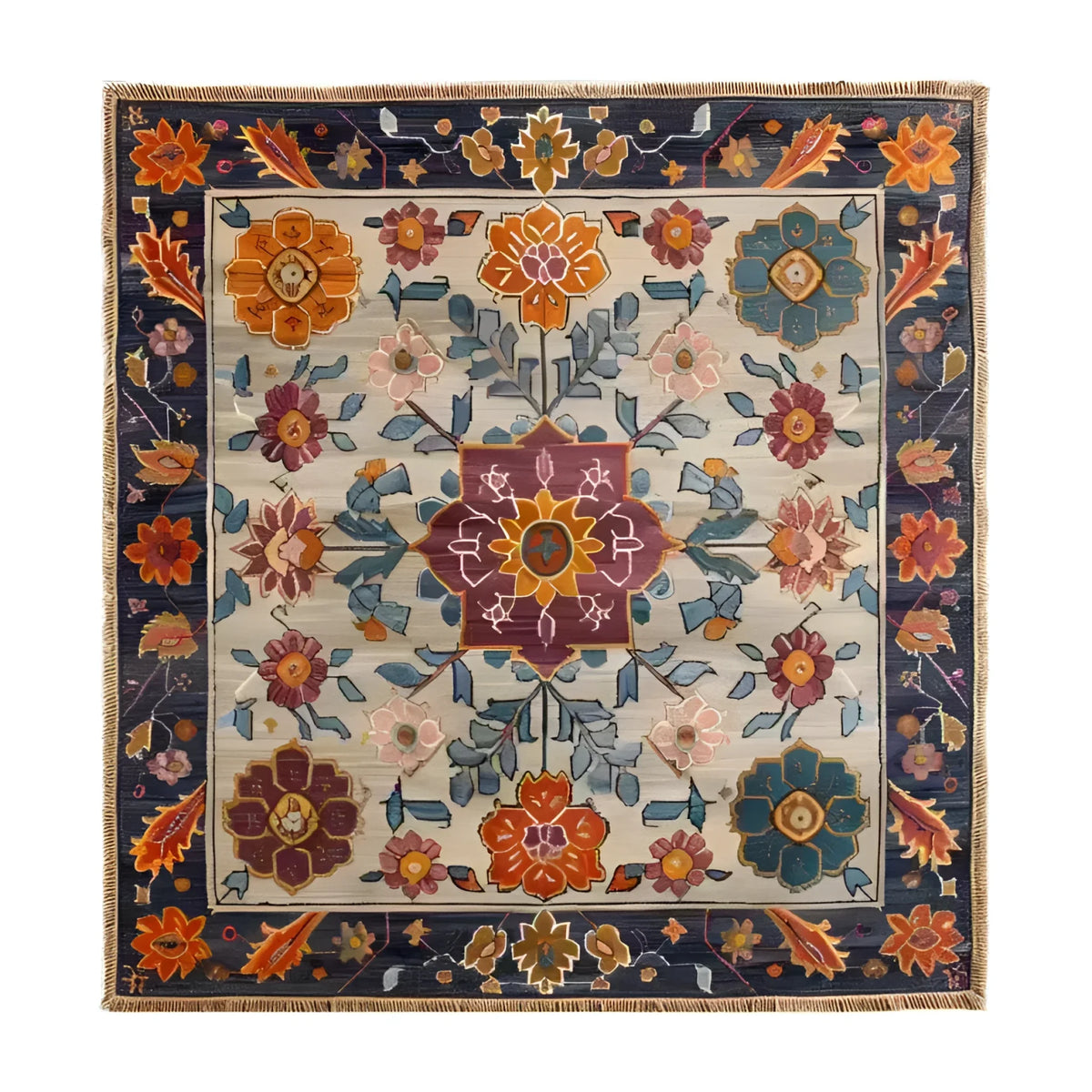 This vibrant hand-knotted area rug features a colorful crest medallion design, perfect for enhancing living room and dining room spaces. The intricate patterns echo the elegance of Persian rugs, making it an ideal wool rug choice for dining room area rugs.