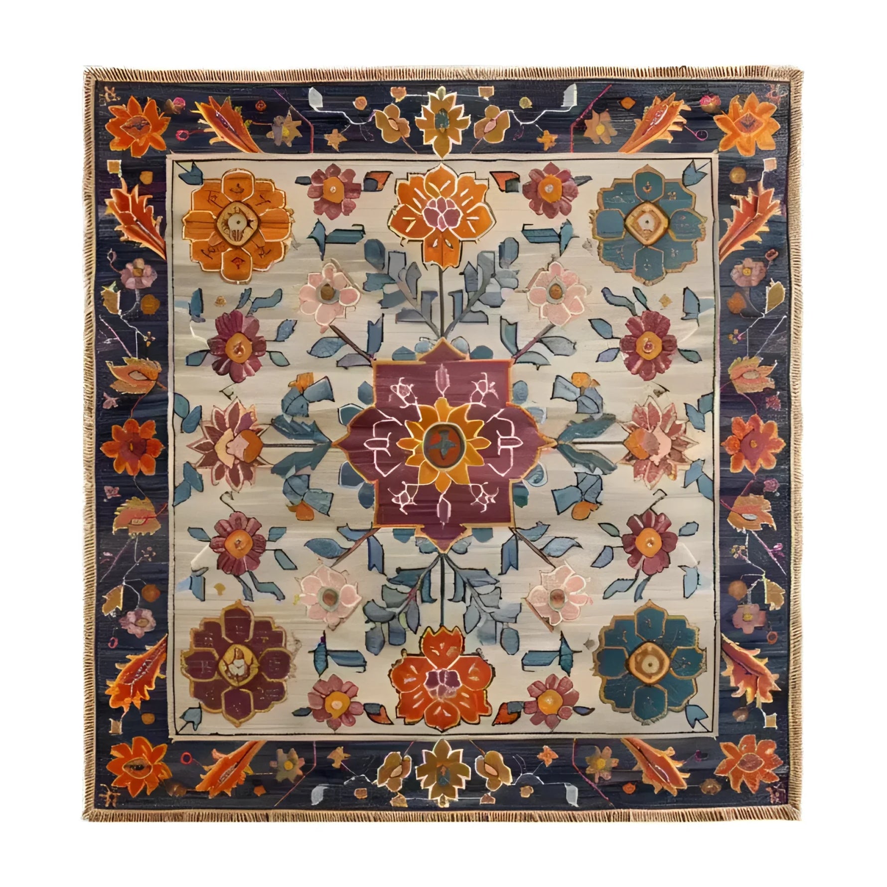 This vibrant hand-knotted area rug features a colorful crest medallion design, perfect for enhancing living room and dining room spaces. The intricate patterns echo the elegance of Persian rugs, making it an ideal wool rug choice for dining room area rugs.
