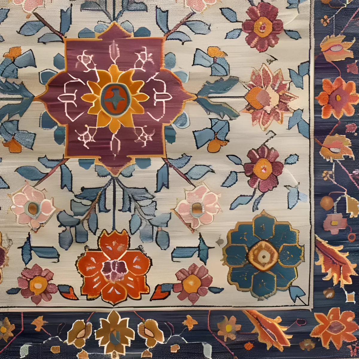 Colorful Crest Medallion Hand Knotted Area Rug featuring intricate Persian designs. This wool rug showcases a vibrant floral medallion pattern, perfect for adding elegance to living room and dining room spaces. The detailed craftsmanship highlights the beauty of dining room area rugs, making it a striking centerpiece.