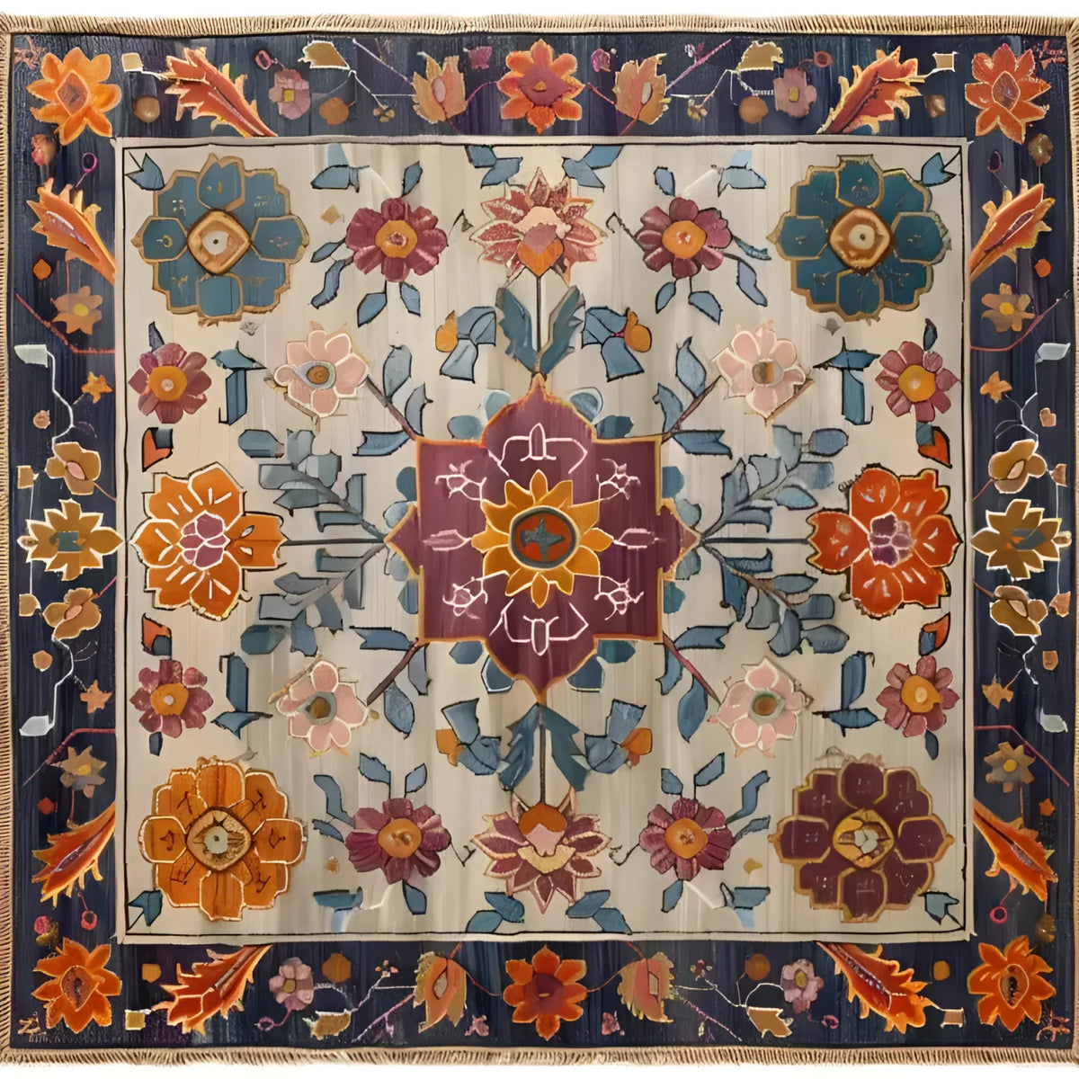 Vibrant hand-knotted area rug featuring a colorful crest medallion design, perfect for enhancing living room and dining room spaces. This Persian-style wool rug showcases intricate floral patterns with rich hues, ideal for dining room decor.