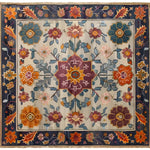 Vibrant hand-knotted area rug featuring a colorful crest medallion design, perfect for enhancing living room and dining room spaces. This Persian-style wool rug showcases intricate floral patterns with rich hues, ideal for dining room decor.