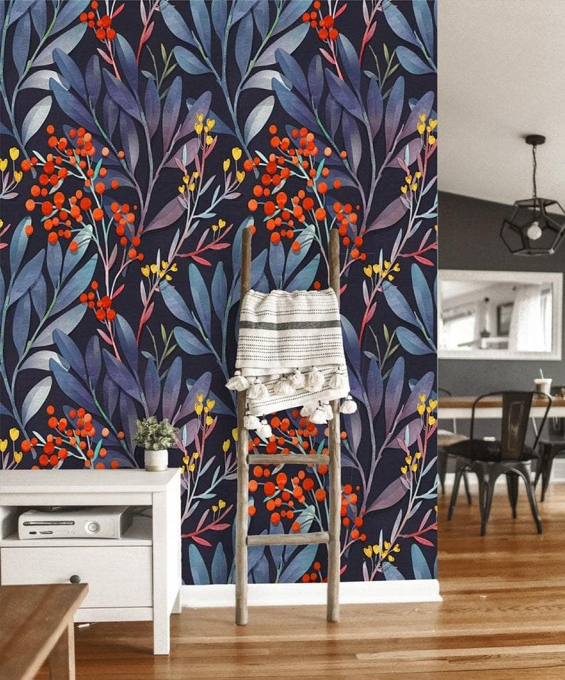 Colorful Ferns and Red Floral Wallpaper - MAIA HOMES