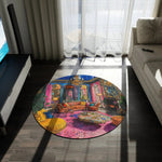 colorful painted interior scene round rug on dark hardwood floor