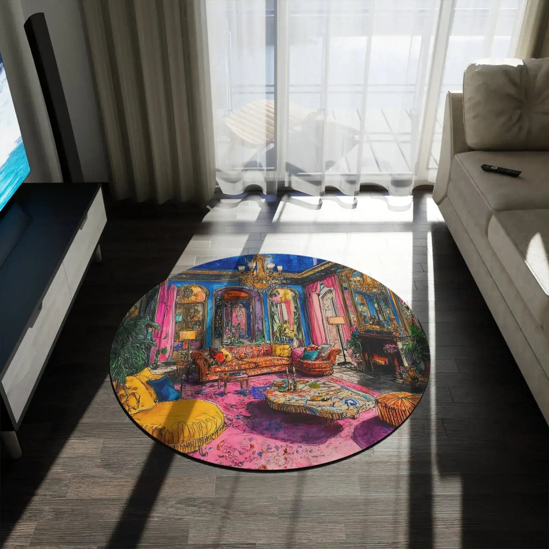 colorful painted interior scene round rug on dark hardwood floor
