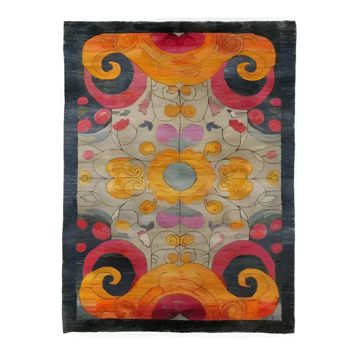Vibrant and colorful hand-knotted area rug featuring an intricate kaleidoscope pattern with swirling designs in shades of orange, red, and dark blue. The central motif draws attention with its symmetrical floral elements, creating a captivating focal point. Perfect for adding a splash of color and artistry to any room.