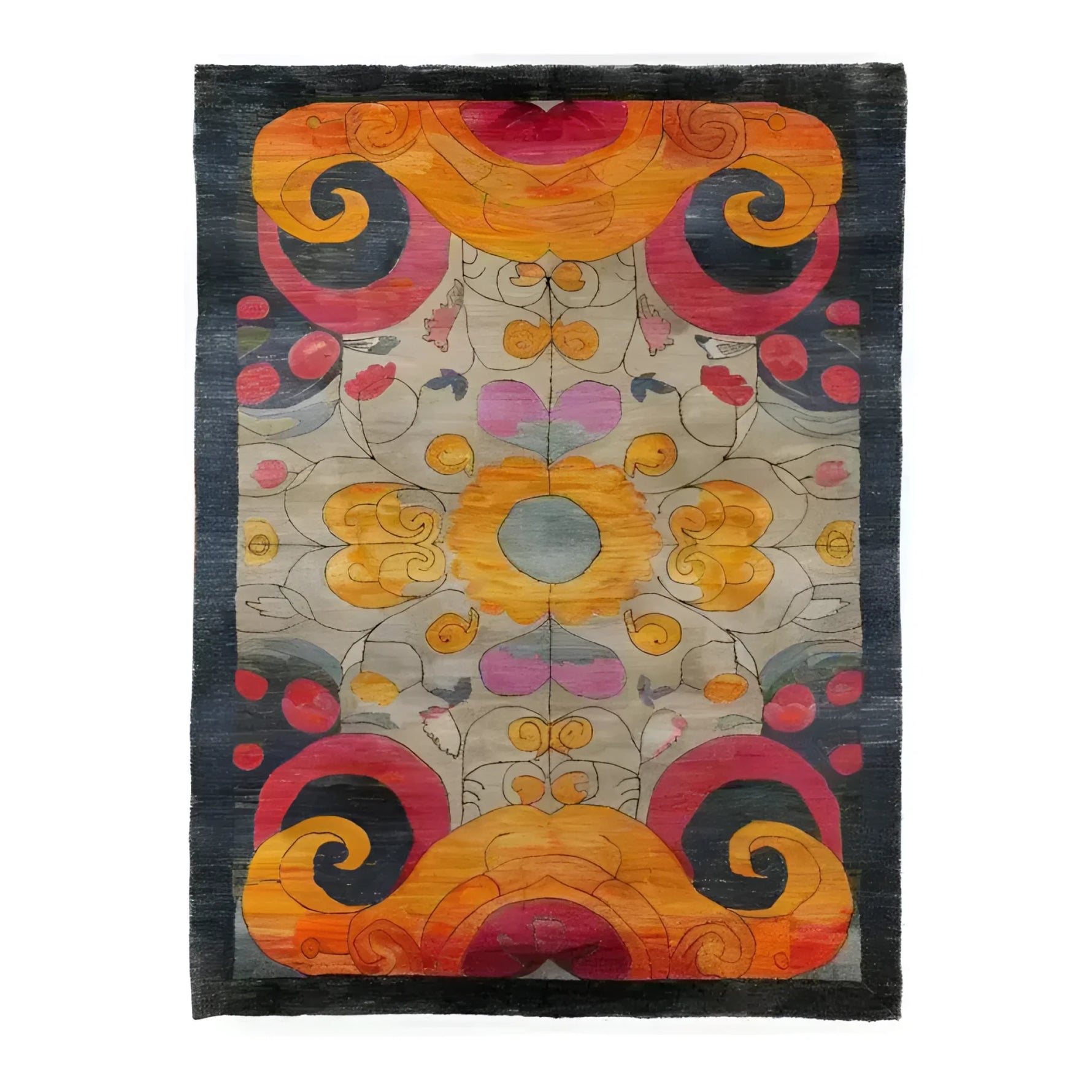 Vibrant and colorful hand-knotted area rug featuring an intricate kaleidoscope pattern with swirling designs in shades of orange, red, and dark blue. The central motif draws attention with its symmetrical floral elements, creating a captivating focal point. Perfect for adding a splash of color and artistry to any room.