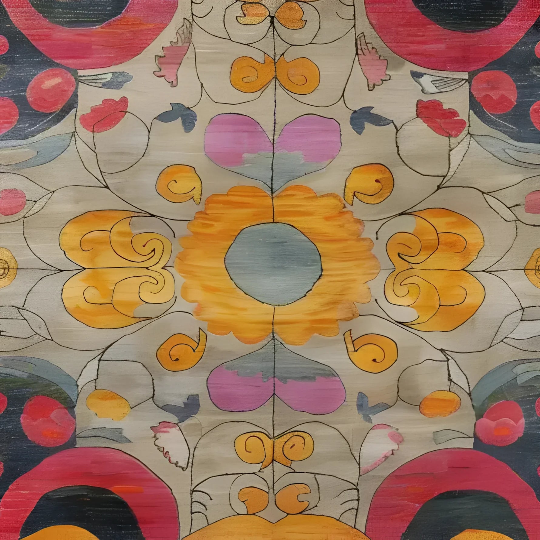 A vibrant Colorful Kaleidoscope Hand Knotted Area Rug featuring an intricate floral design with bold orange, pink, and blue patterns. Ideal for large living rooms, this contemporary Persian rug adds a splash of color and style.