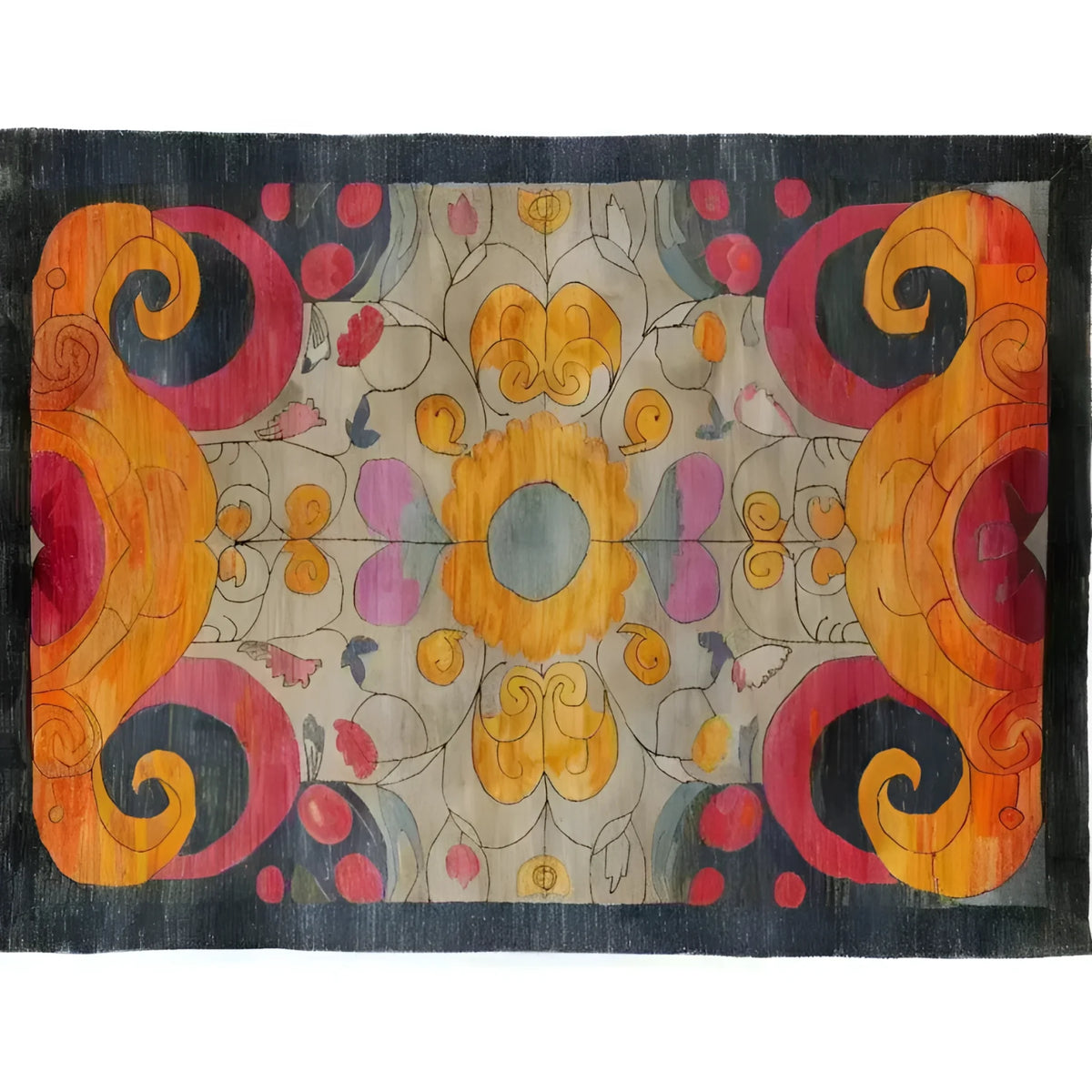 A vibrant and colorful kaleidoscope area rug, featuring intricate patterns inspired by Persian designs. Perfect for large living rooms, this contemporary rug combines swirling shades of orange, red, and purple with floral motifs, creating a stunning focal point.