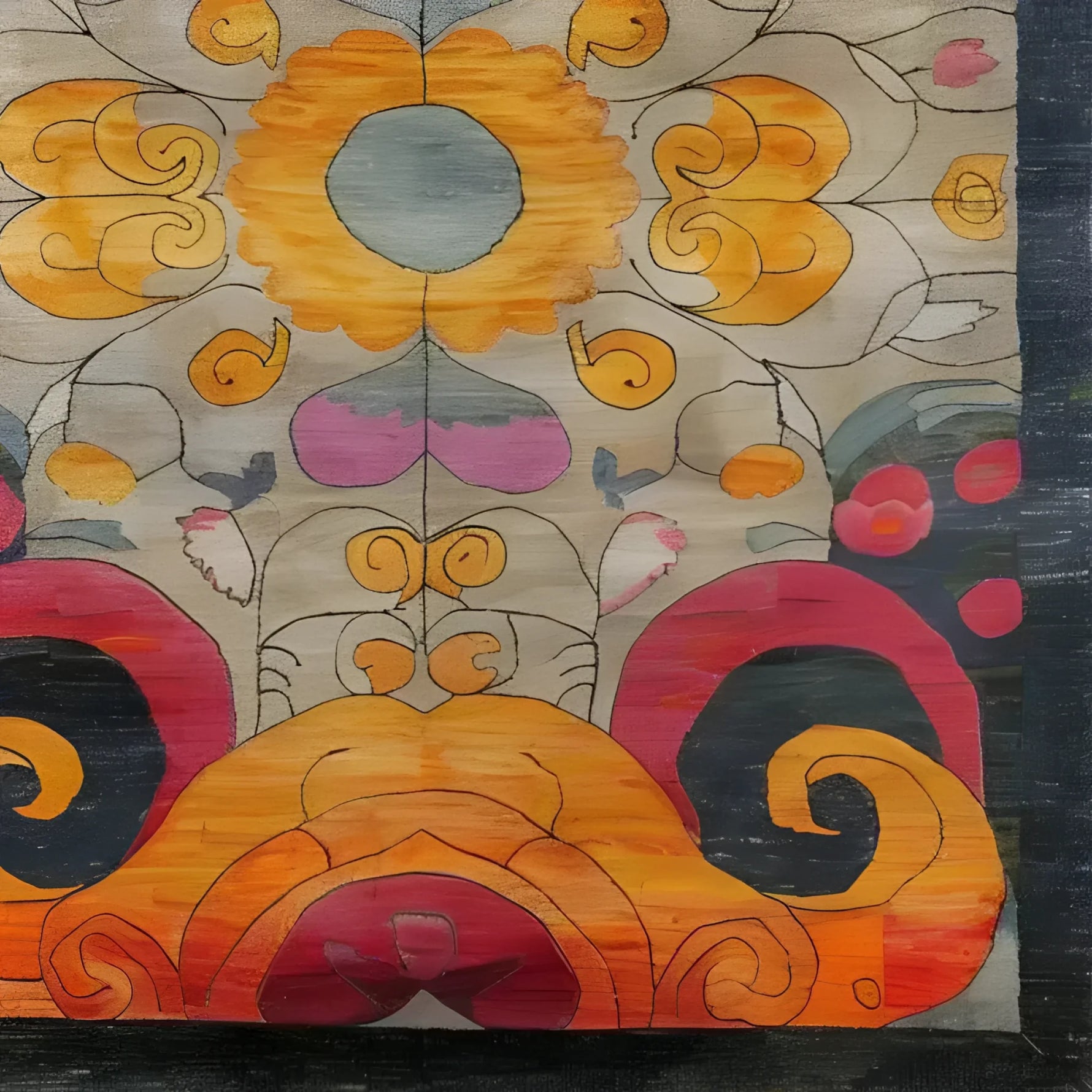 A vibrant hand-knotted area rug featuring a kaleidoscope of colors and intricate patterns. This contemporary rug showcases bold floral designs in shades of orange, pink, and yellow with a touch of Persian influence, making it a perfect statement piece for large living room rugs.