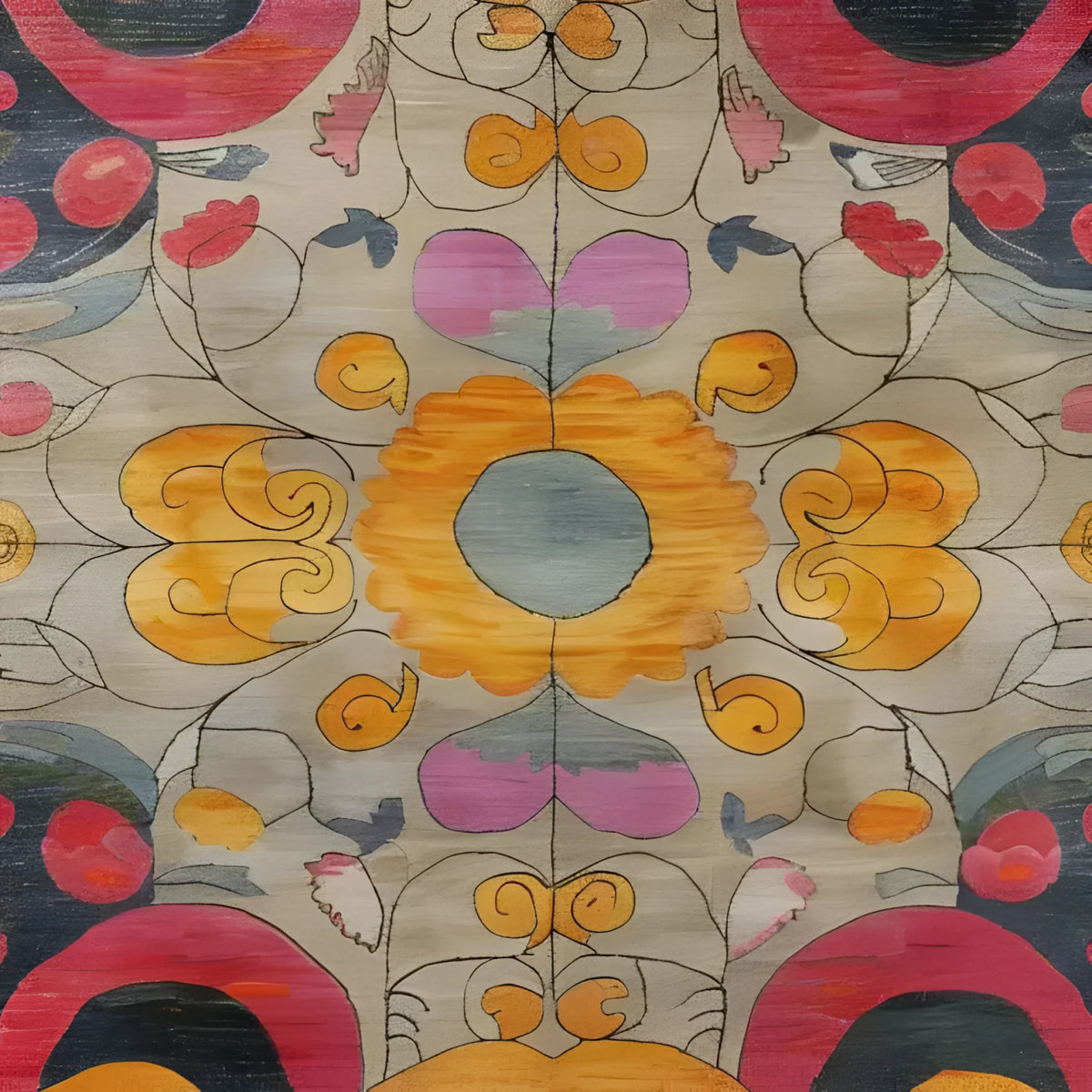 A vibrant Colorful Kaleidoscope Hand Knotted Area Rug featuring an intricate floral design with bold orange, pink, and blue patterns. Ideal for large living rooms, this contemporary Persian rug adds a splash of color and style.
