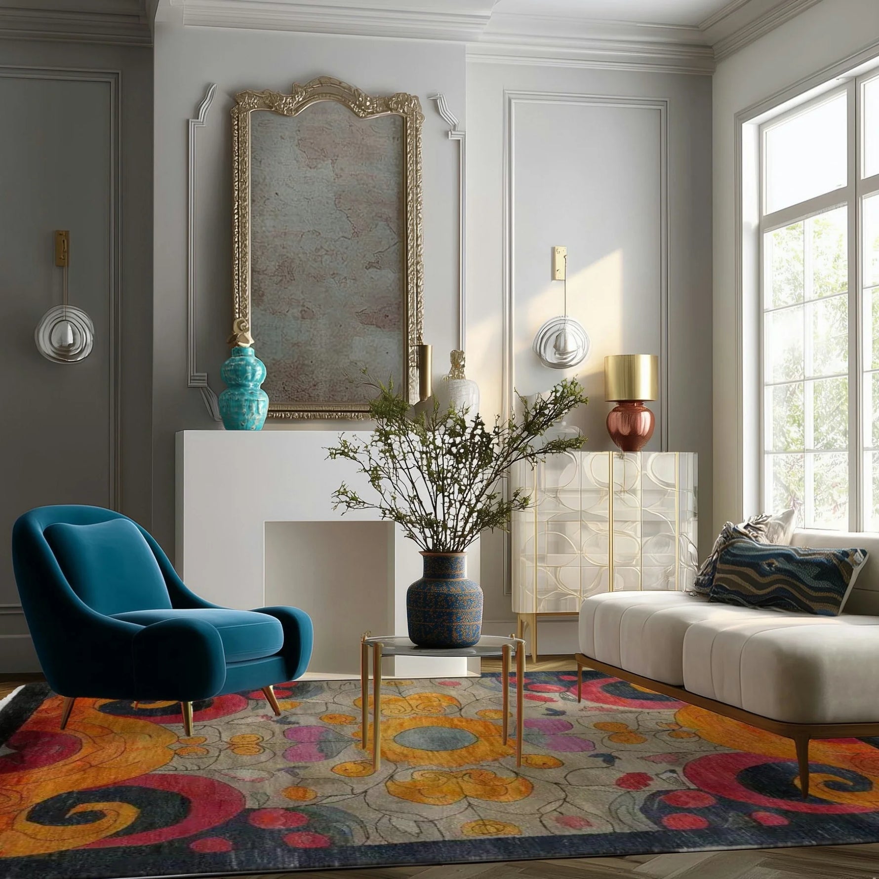 colorful kaleidoscope hand knotted area rug in a Parisian living room with ornate mirror, teal armchair and cream sofa