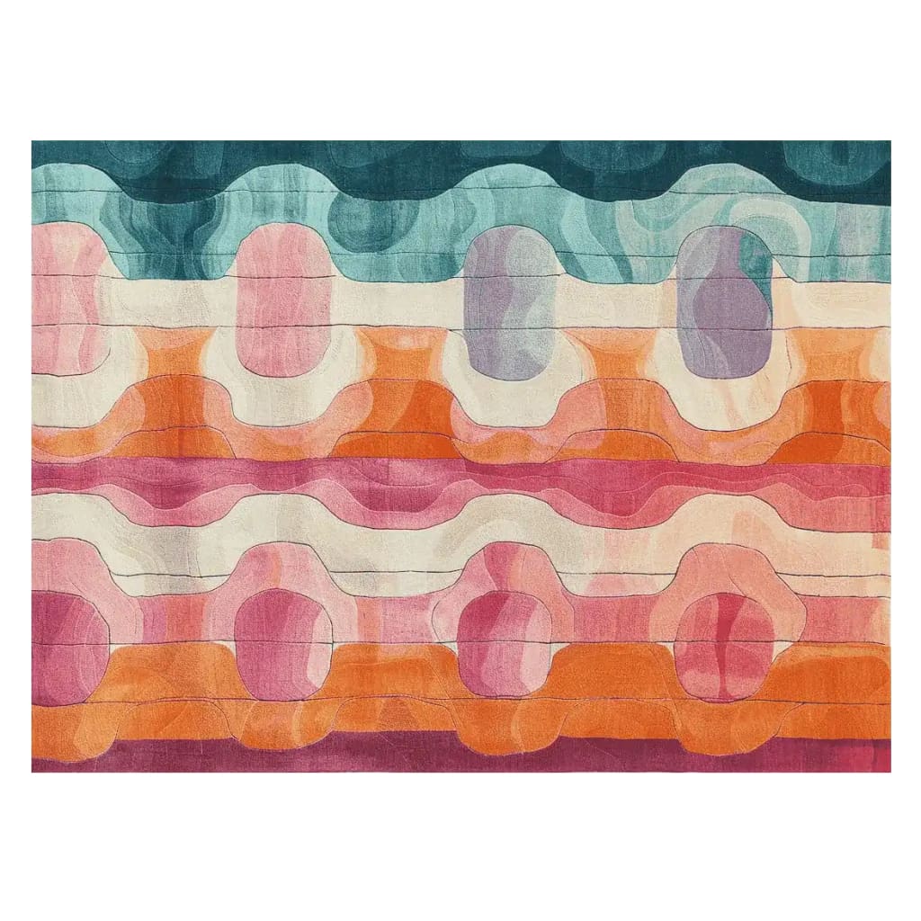 Vibrant and contemporary hand tufted area rug featuring an abstract design with flowing waves of colorful patterns in shades of blue, pink, orange, and cream. Perfect for adding a splash of color to your living room, this 8x10 wool rug is both stylish and cozy, making it an ideal choice for modern interiors.