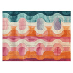 Vibrant and contemporary hand tufted area rug featuring an abstract design with flowing waves of colorful patterns in shades of blue, pink, orange, and cream. Perfect for adding a splash of color to your living room, this 8x10 wool rug is both stylish and cozy, making it an ideal choice for modern interiors.