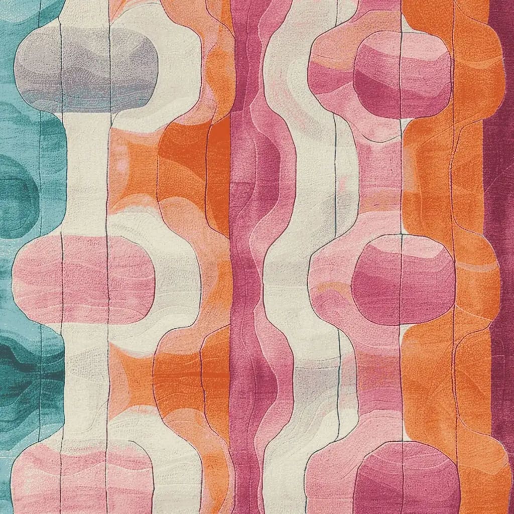 Vibrant abstract design on a hand tufted area rug, combining shades of blue, pink, orange, and cream. This contemporary wool rug is perfect for adding a pop of color to a living room. Ideal as a living room rug in an 8x10 size, offering both style and comfort.