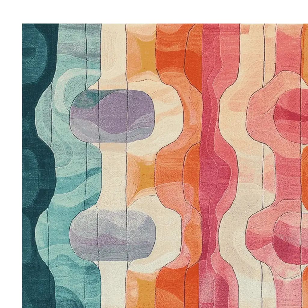 Vibrant and contemporary hand tufted area rug featuring a colorful abstract pattern with waves of teal, purple, orange, and pink. Perfect as a wool rug for living room spaces, this 8x10 design adds a modern touch to any decor.