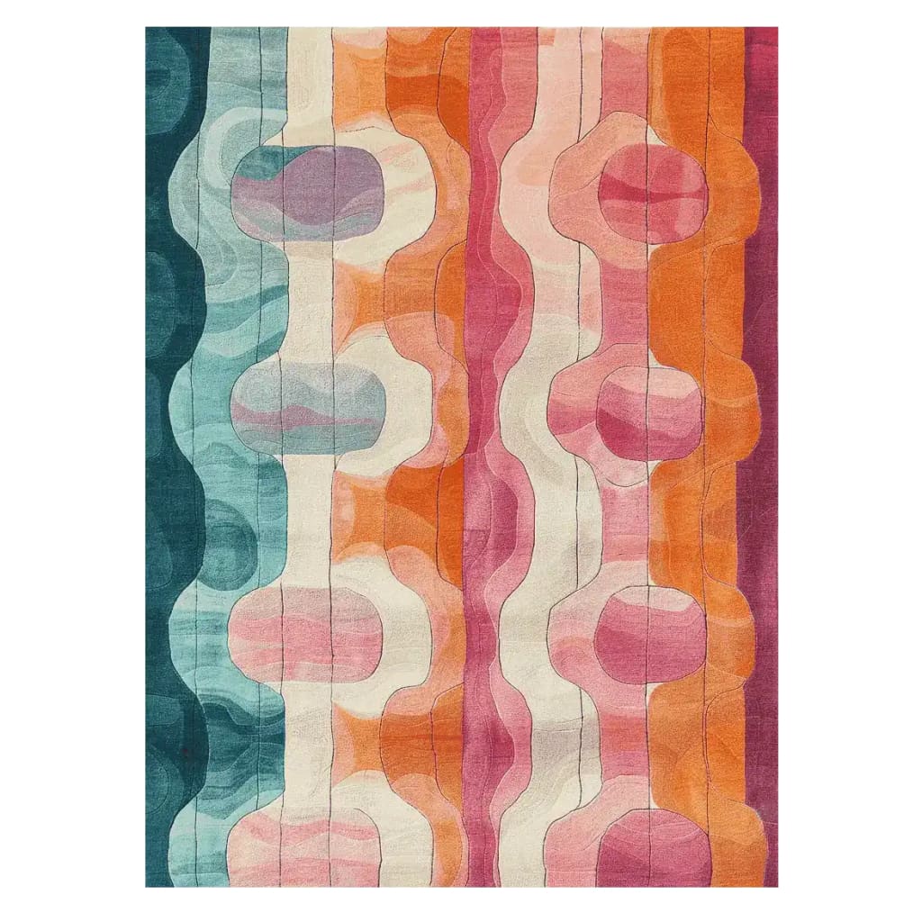 Vibrant and contemporary hand-tufted area rug featuring a flowing abstract design with bold colors like teal, orange, pink, and cream. Perfect as a wool rug for adding a modern touch to living room spaces, especially ideal for 8x10 settings.