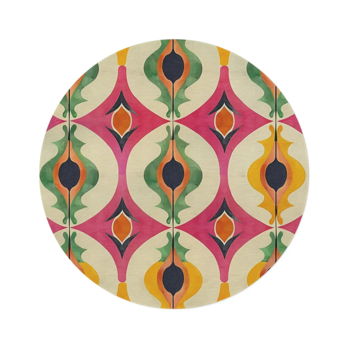 Colorful Retro Geometric Pattern Round Rug with bold ogee shapes in pink, green, orange and yellow on a cream ground, flat overhead view