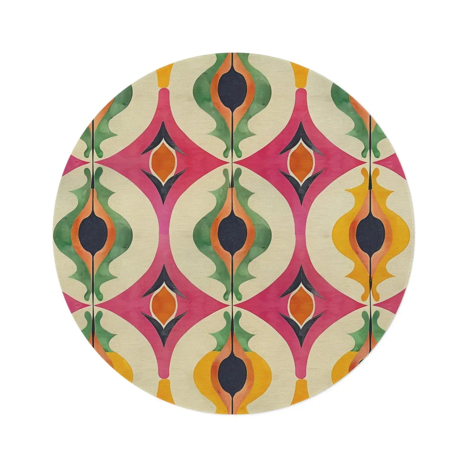 Colorful Retro Geometric Pattern Round Rug with bold ogee shapes in pink, green, orange and yellow on a cream ground, flat overhead view