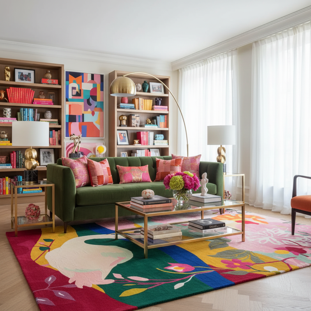 Modern living room with a green sofa, colorful rug, and bookshelves.