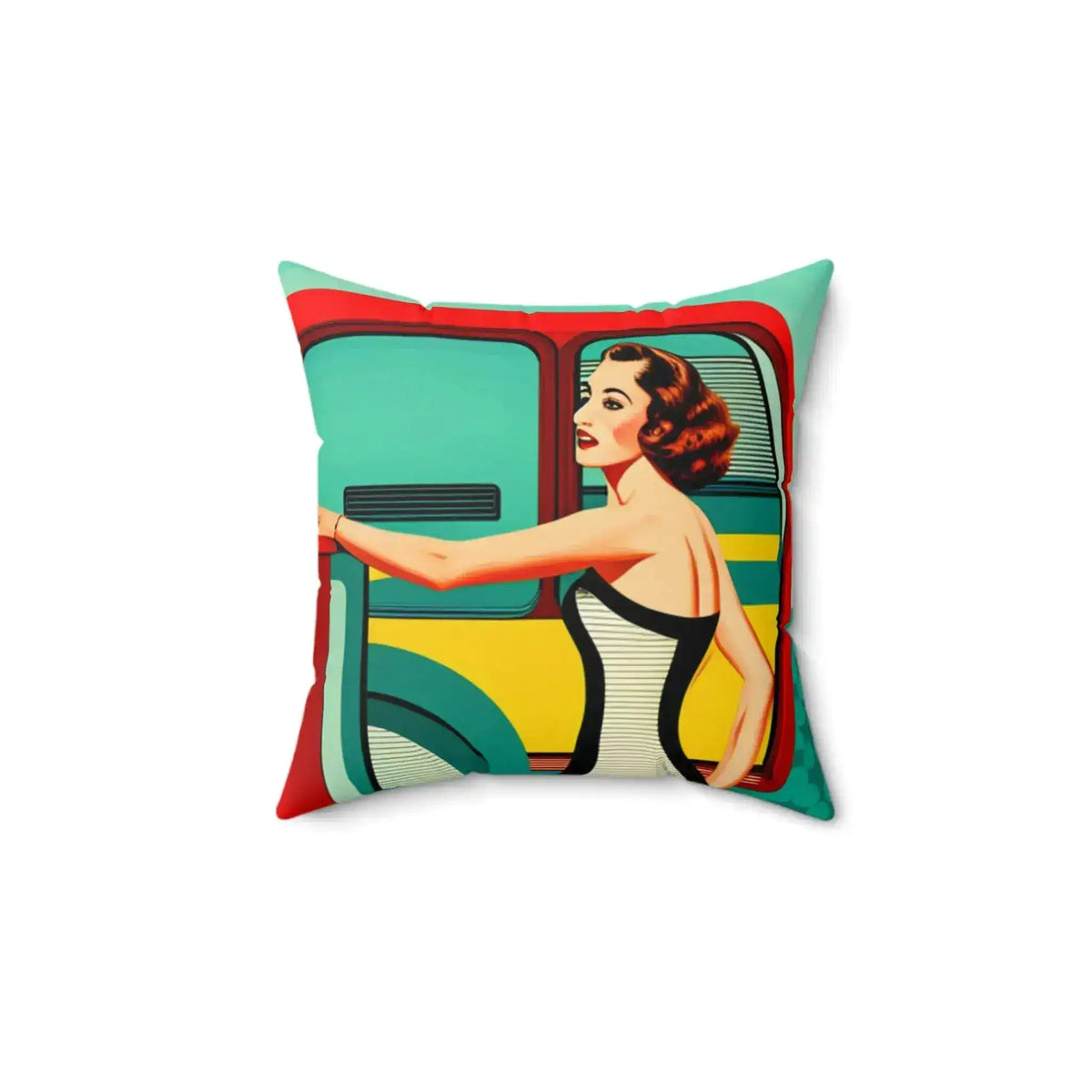 Colorful throw pillow featuring a vintage-inspired design of a woman in a black and white dress, framed by a vibrant bus background, perfect for adding a pop of retro charm to any decor.