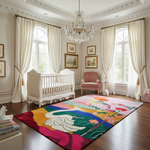 Colorful Whispering Swan rug with a white swan and flowers in a bright nursery with crib and pink chair