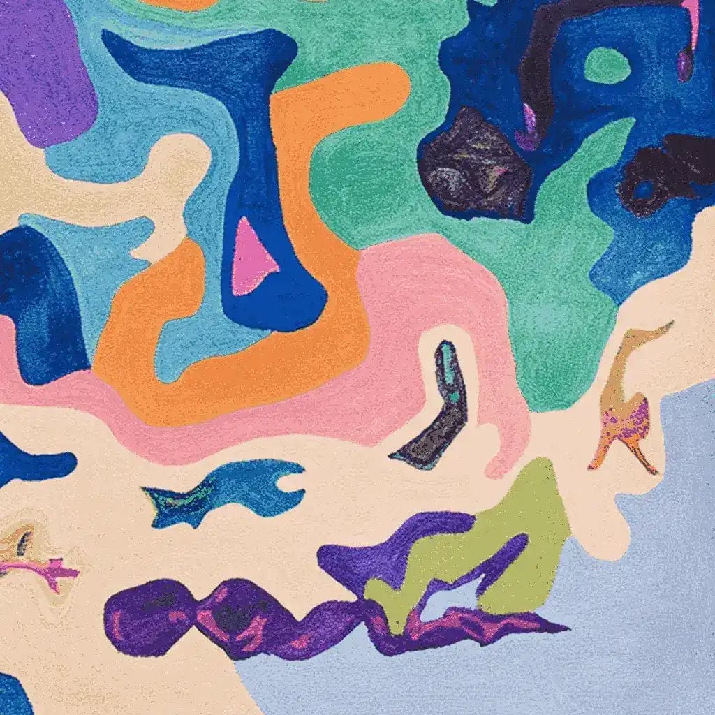 A vibrant, abstract area rug designed for large living rooms. This wool rug features an array of colorful, contemporary patterns that add a unique touch to any space. Perfect for those seeking living room area rugs with a modern flair.