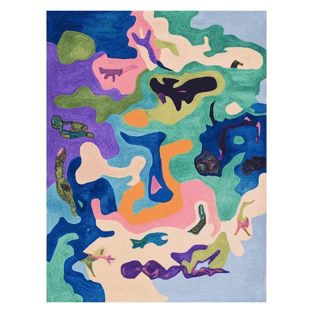 A vibrant and abstract Colorstream Dream Hand Tufted Area Rug, perfect for large living room spaces. This contemporary wool rug features a mix of vivid colors including blues, greens, oranges, and purples, creating a dynamic and artistic design, ideal for adding a splash of creativity to any living room area.