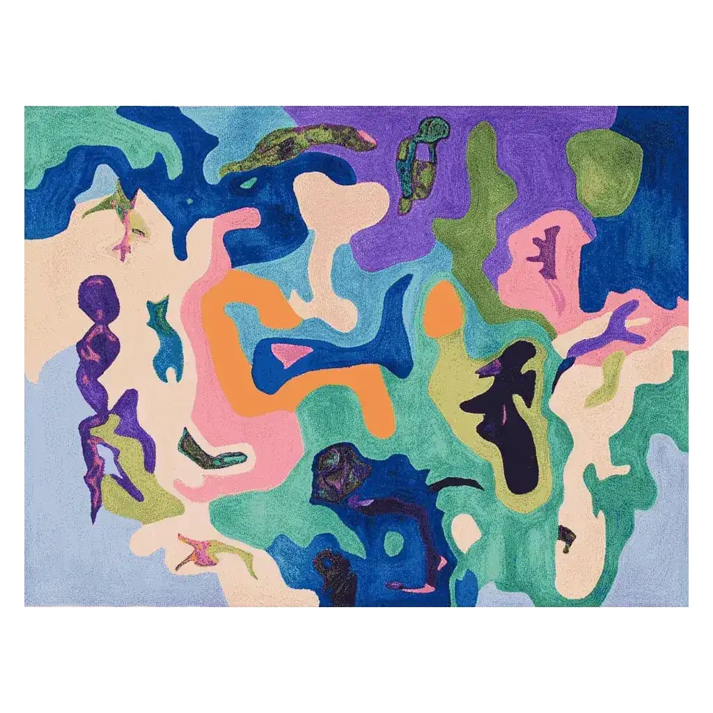 A vibrant, abstract design wool rug ideal for a large living room. This contemporary area rug features a colorful blend of blues, greens, purples, and oranges, creating an artistic focal point for any living room space.