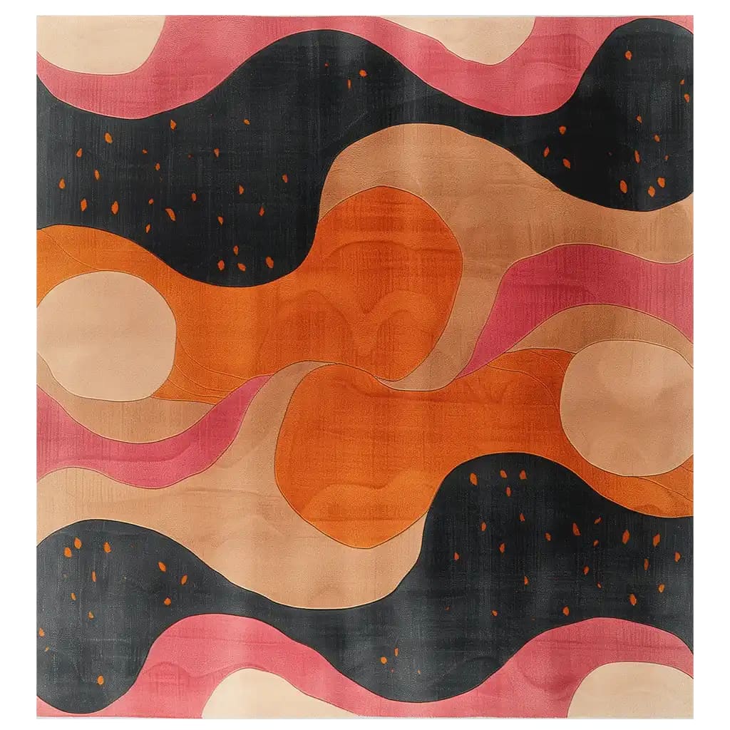 Vibrant abstract area rug featuring swirling patterns in shades of orange, pink, and black. The hand-tufted wool design creates a dynamic and modern look, perfect for adding a touch of artistic flair to any room.