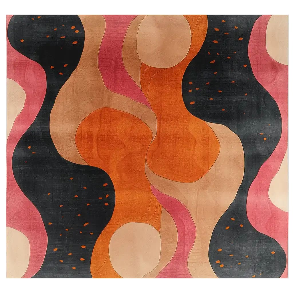 Colorful abstract area rug featuring wavy patterns in shades of orange, pink, and black. The design is modern and artistic, adding a vibrant touch to any room.