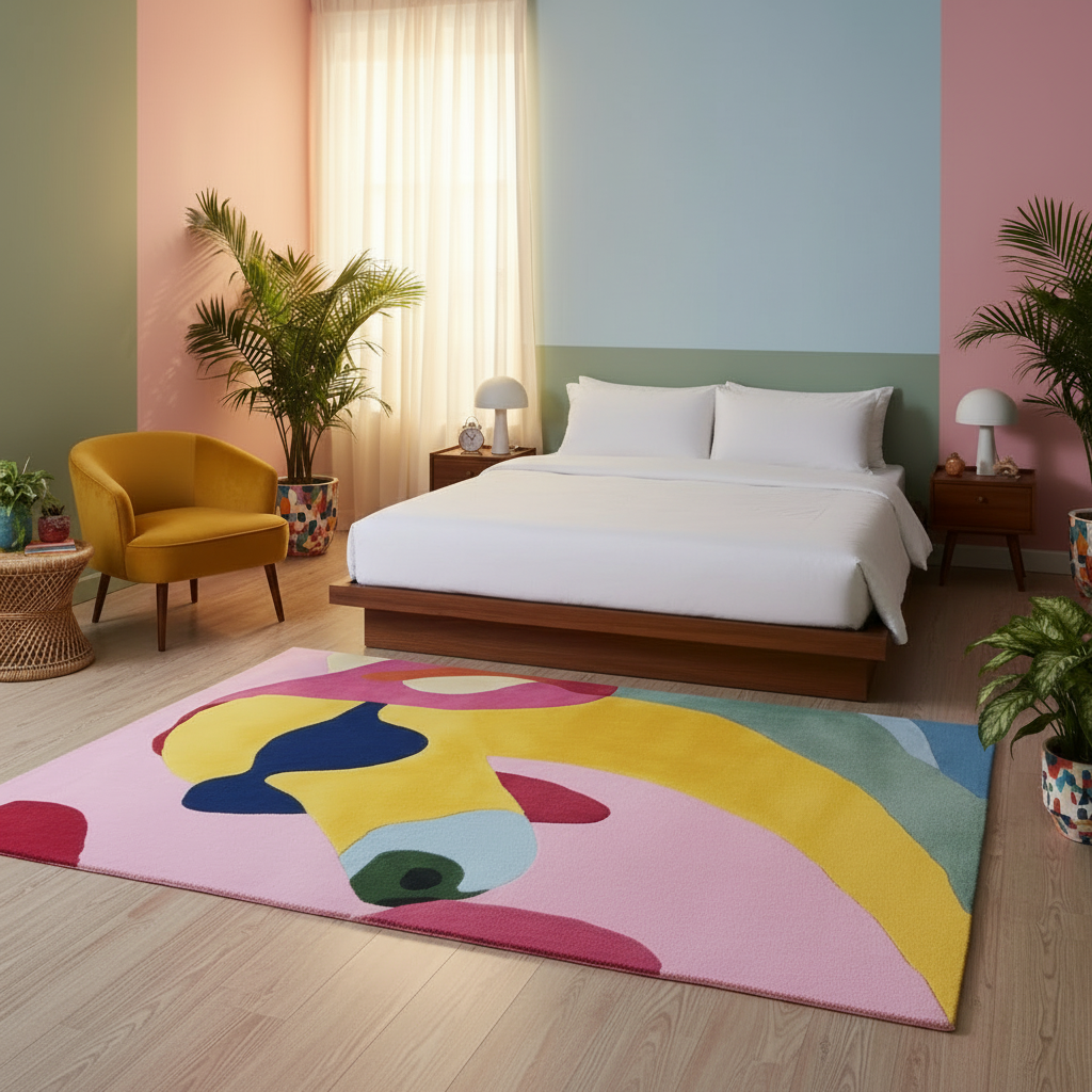 Modern bedroom with colorful abstract rug, bed, and decor