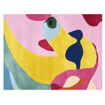 A vibrant hand-tufted area rug with an abstract design, featuring bold swirls of pink, yellow, blue, and green. This contemporary wool rug is perfect for large living room spaces, adding a splash of color and modern style to any area.