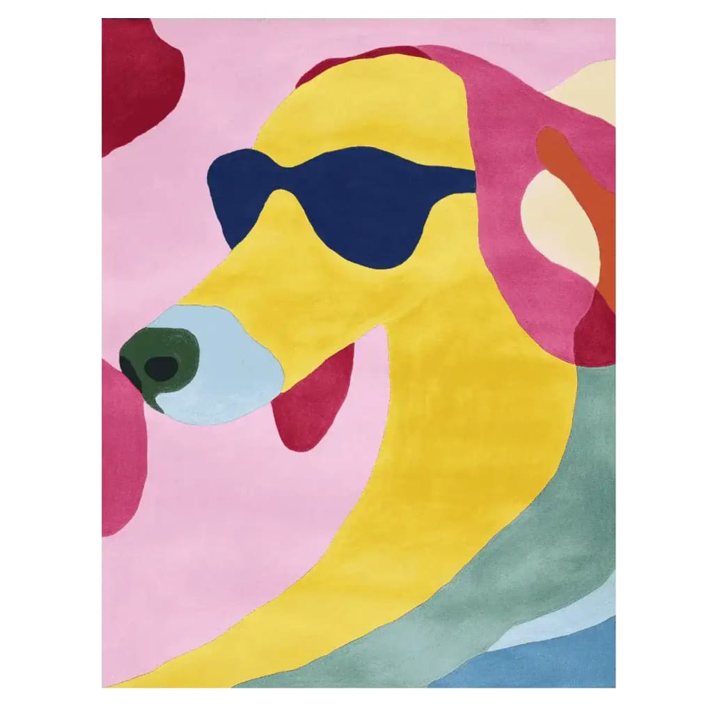 Colorful and contemporary hand-tufted wool area rug featuring an abstract design of a dog wearing sunglasses. Ideal for large living rooms, this vibrant living room area rug combines pink, yellow, and blue hues to create a striking visual centerpiece.