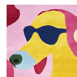 A vibrant, contemporary area rug featuring an abstract design of a dog wearing sunglasses, hand-tufted in wool. Ideal for large living room spaces, this colorful rug adds a playful touch to any decor.