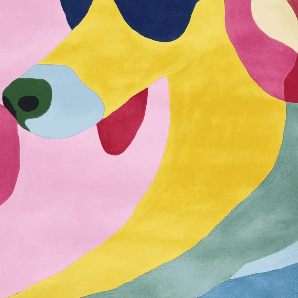 A vibrant, hand-tufted wool rug featuring an abstract design with bold colors like yellow, pink, and blue. Perfect for adding a pop of color to large living room spaces, this contemporary area rug combines artistic flair with cozy comfort.