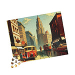 Completed Historical City puzzle of a retro downtown, red bus and tower, stray pieces beside