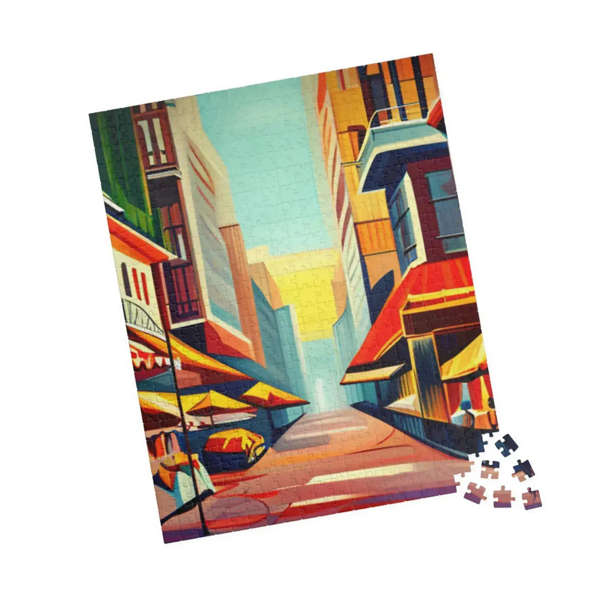 Completed Urban Vibes cityscape puzzle in warm reds and blues, loose pieces at lower corner