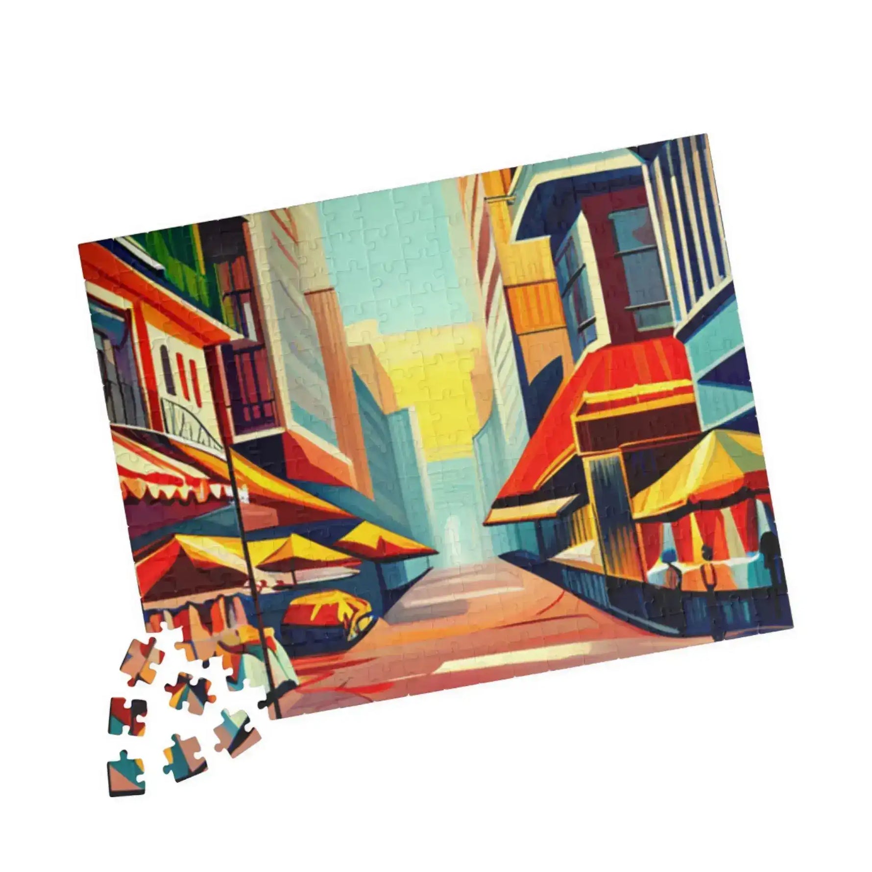Completed Urban Vibes puzzle depicting a sunlit cubist city street, scattered pieces at corner
