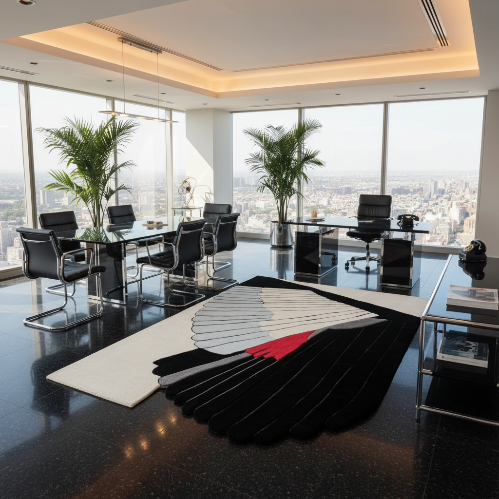 Modern office conference room with large windows and a decorative rug.