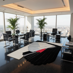 Modern office conference room with large windows and a decorative rug.