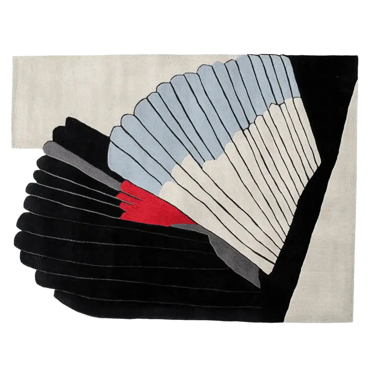 A contemporary hand-tufted area rug featuring an abstract design in black, white, red, and blue. This wool rug is perfect for large living room spaces, offering a modern touch with its unique pattern, ideal for those seeking stylish area rugs for living rooms.